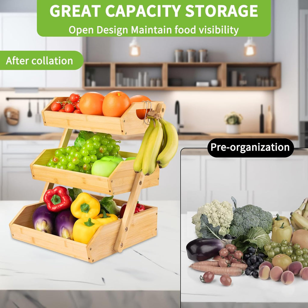 3 Tier Bamboo Fruit Basket with Banana Hook and Handle Z13414