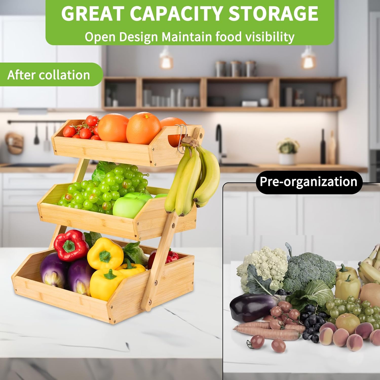 3 Tier Bamboo Fruit Basket with Banana Hook and Handle Z13414
