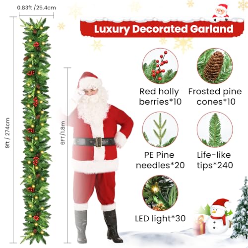 9ft Pre-Lit Christmas Garland with Pine Cones & Red Berries M365619
