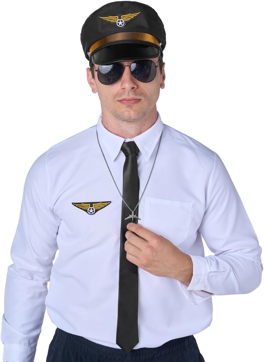 Airline Pilot Captain Costume Kit, 5 PCS Dress Up Accessory Set with Sunglasses, Tie, Hat, Wings Patch and Necklace H4159