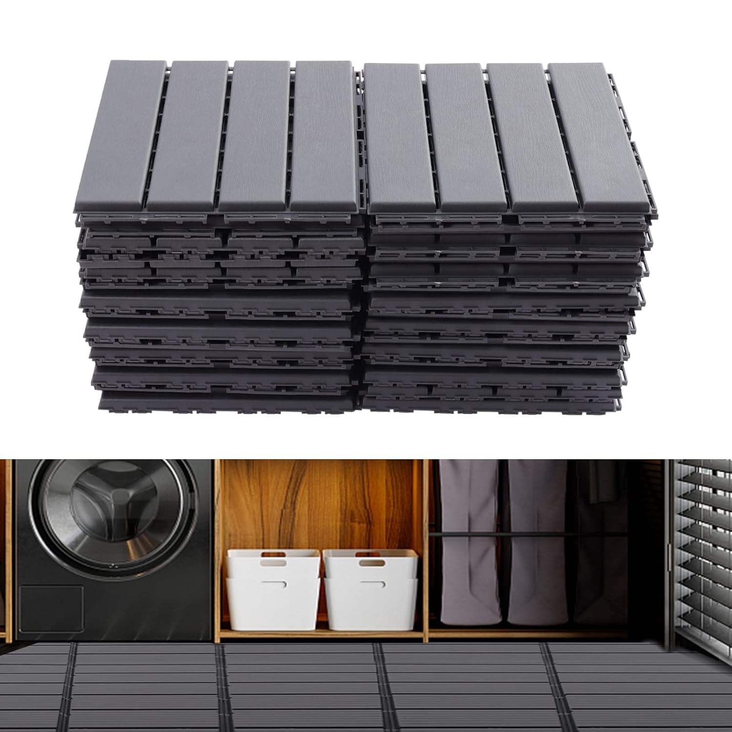 Interlocking Deck Tiles 12" x 12" (30 Pack) for Patio, Outdoor Waterproof Flooring, Dark Gray P75767
