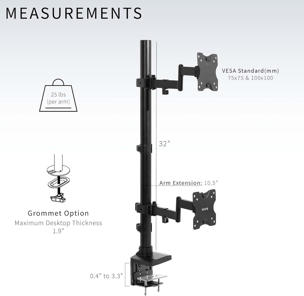 Dual Monitor Desk Mount with Extension Arms for 2 Ultrawide Screens up to 43 inches, 50 lbs Capacity, Black W552