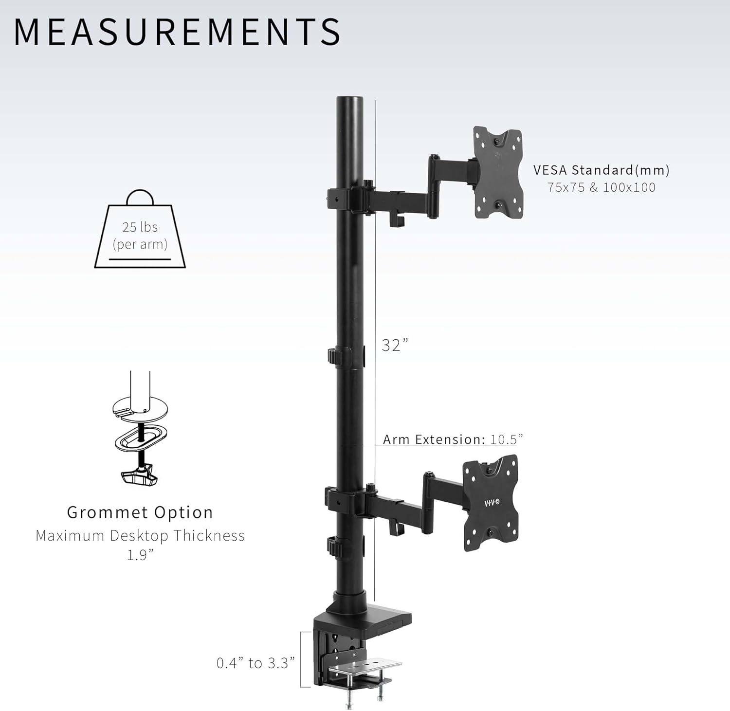 Dual Monitor Desk Mount with Extension Arms for 2 Ultrawide Screens up to 43 inches, 50 lbs Capacity, Black W552