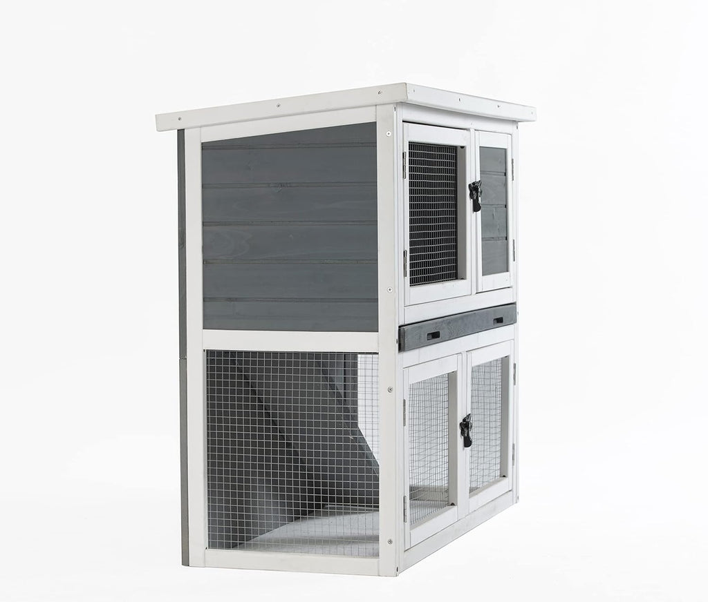 Wooden Two-Floor Rabbit Hutch Outdoor with Ramp and Removable Tray T19092