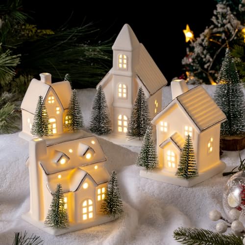 Ceramic Christmas Village Set with LED Lights, Tabletop Decor K751