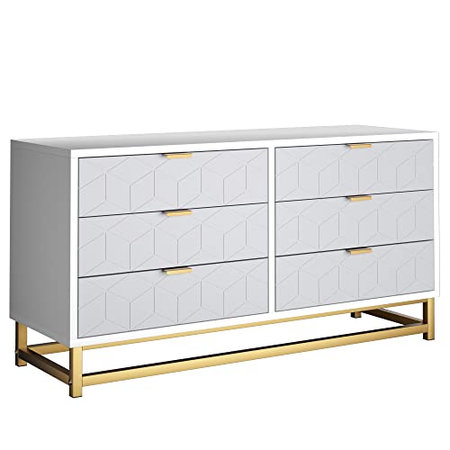 White 6 Drawer Dresser for Bedroom, Modern Wood Chest with Metal Legs G697