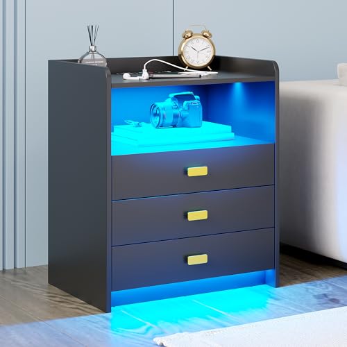 Nightstand with Charging Station, LED Night Stand with 24 Colors, 3 Drawers and Open Storage, USB Ports for Bedroom, White R1651