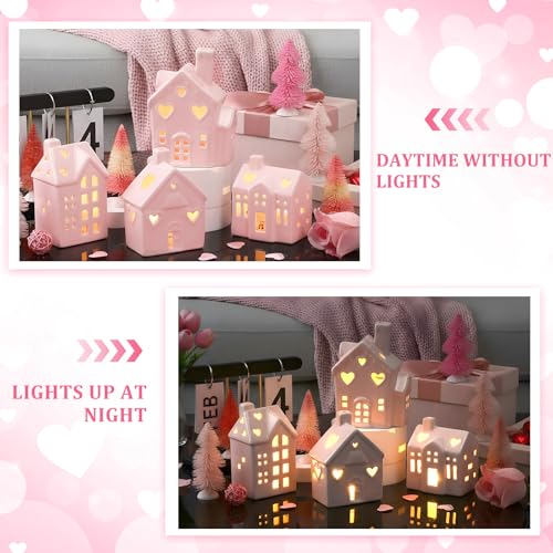 Pink Christmas Ceramic Village Decorations with Lighted Houses and Mini Pine Trees I1734