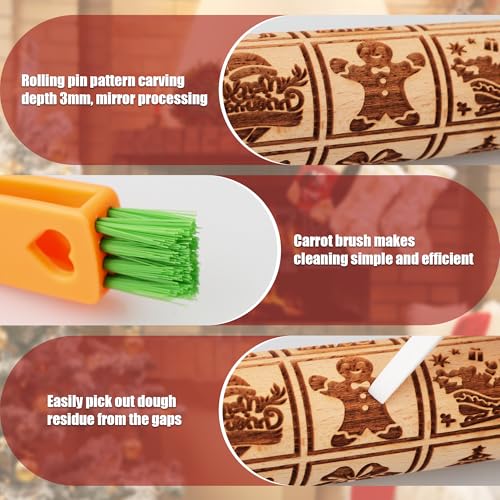 17" Wooden Rolling Pin for Baking with Christmas Embossed Designs, 3mm Deep Cookie Molds, Includes Cleaning Brush L8431