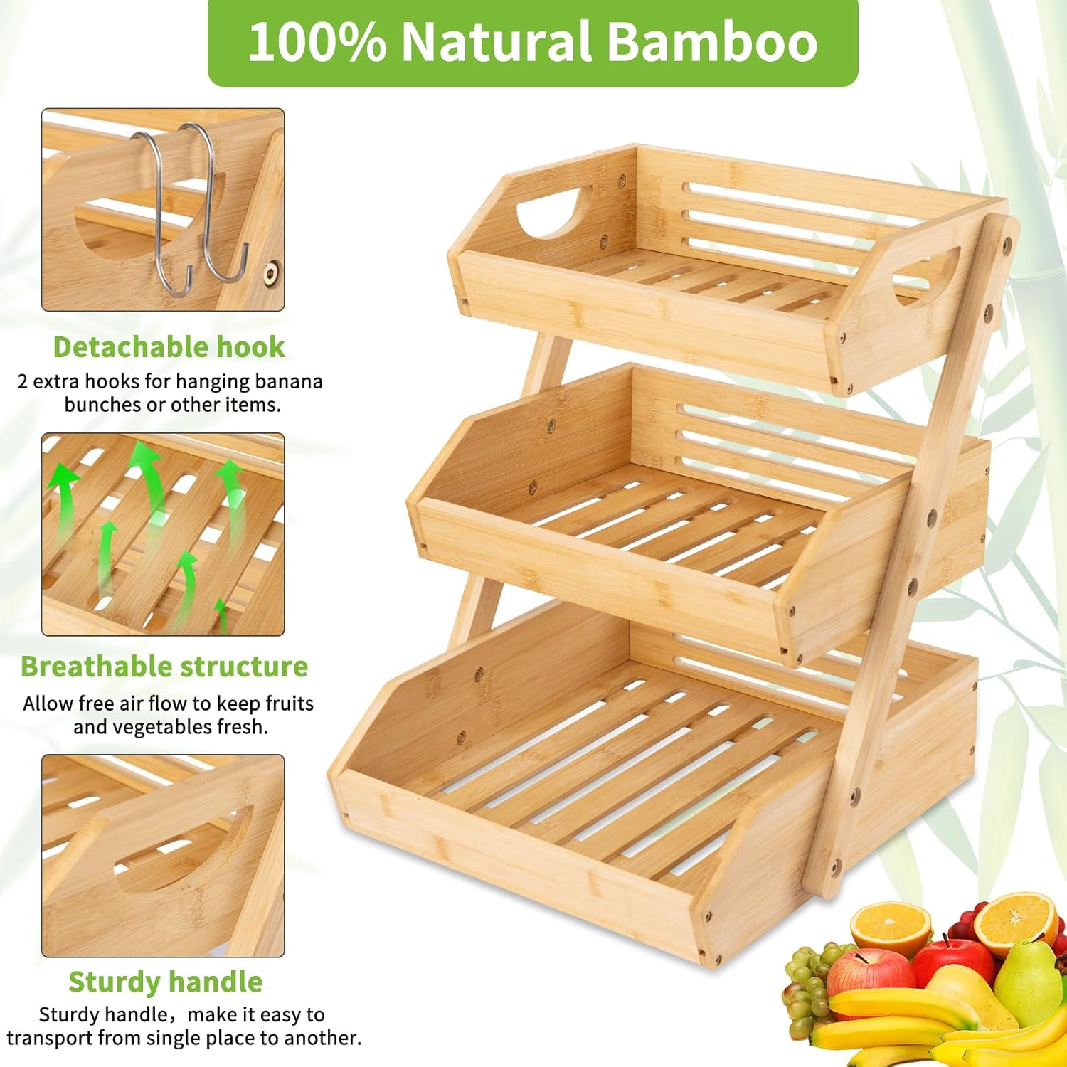 3 Tier Bamboo Fruit Basket with Banana Hook and Handle Z13414