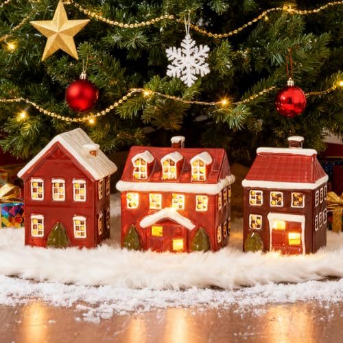 Ceramic Christmas Village Houses, Set of 3 Lighted Hand Painted Indoor Decor A969