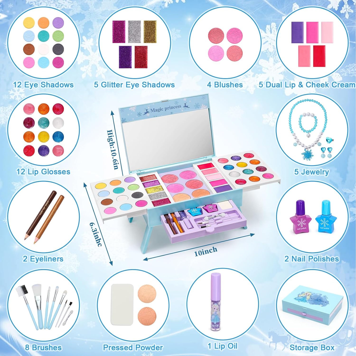 Frozen Makeup Set for Girls, 60pcs Pretend Play Cosmetics with Nail Polish & Jewelry W3761