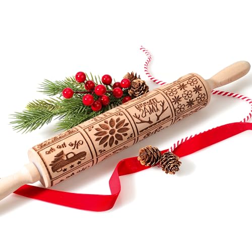 17" Wooden Rolling Pin for Baking with Christmas Embossed Designs, 3mm Deep Cookie Molds, Includes Cleaning Brush L8431