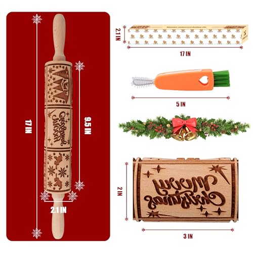 17" Wooden Rolling Pin for Baking with Christmas Embossed Designs, 3mm Deep Cookie Molds, Includes Cleaning Brush L8431