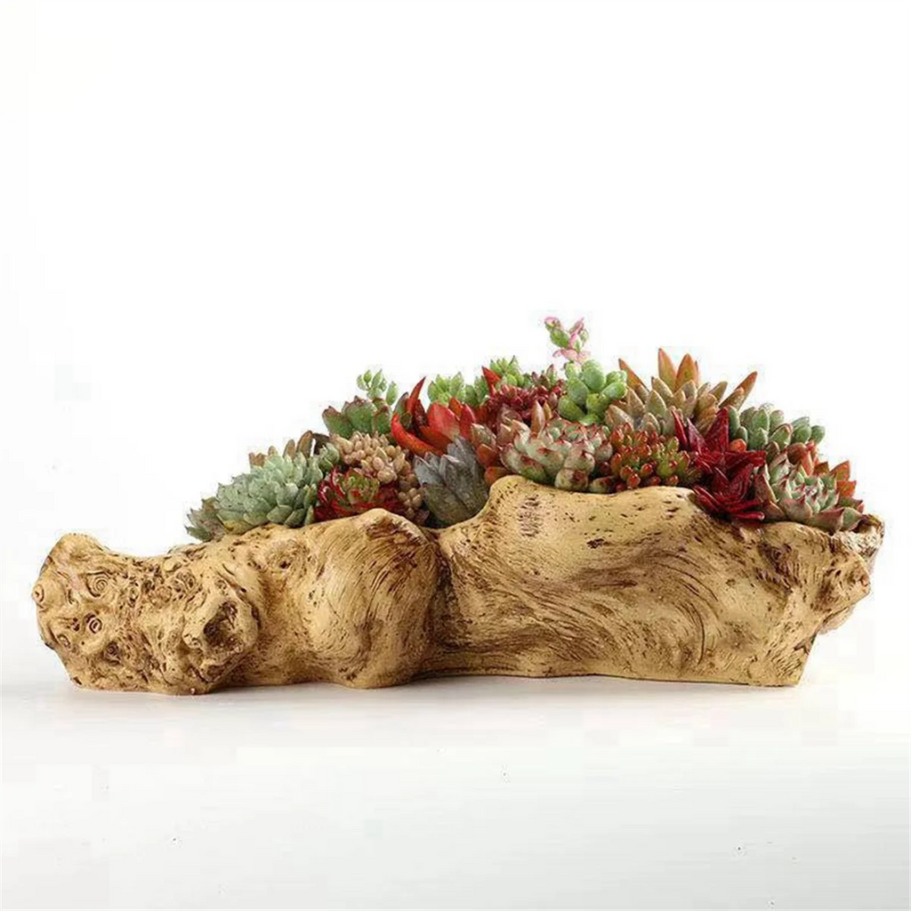 Rustic Resin Tree Stump Planter with Artificial Driftwood I684