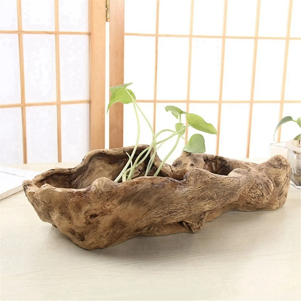 Rustic Resin Tree Stump Planter with Artificial Driftwood I684