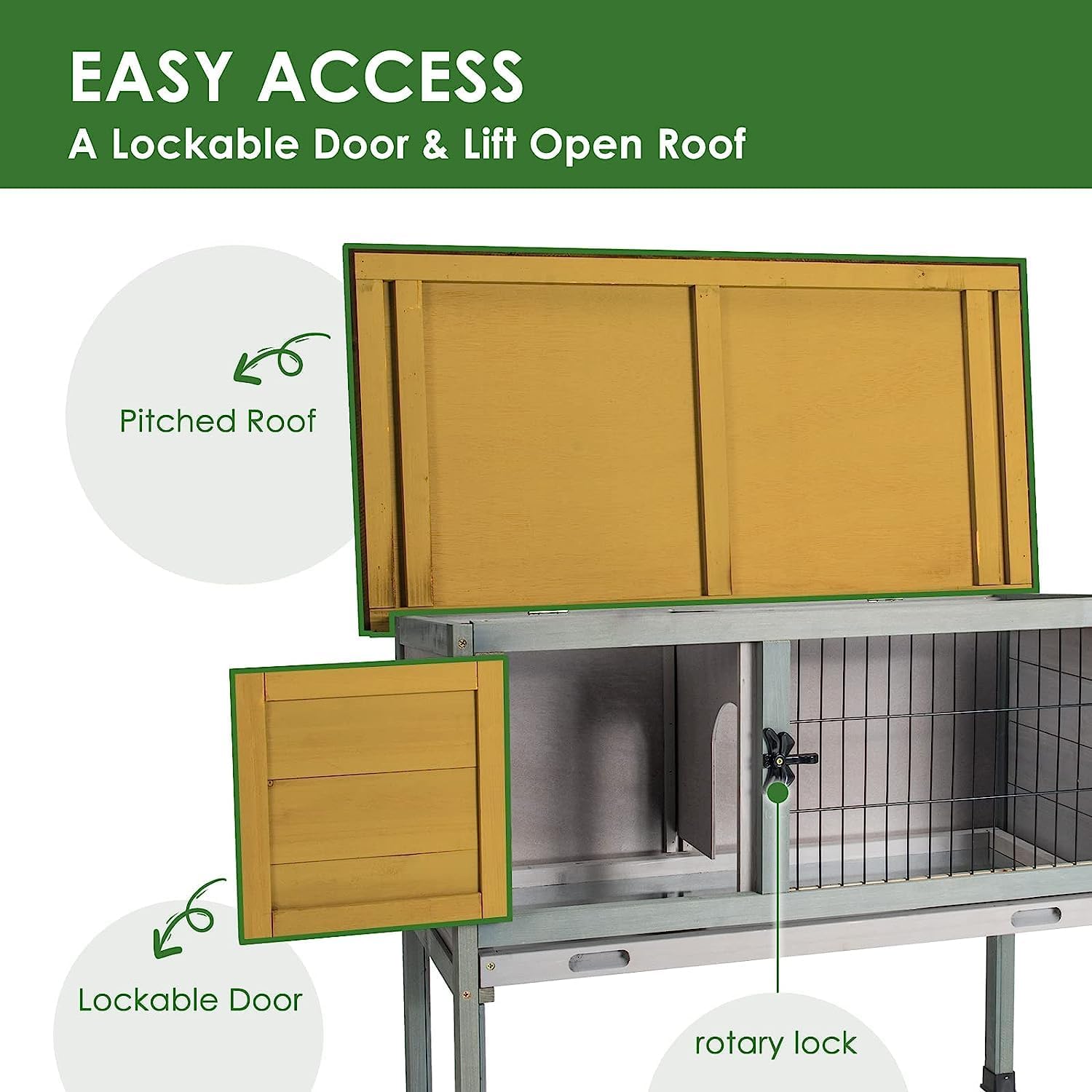 Elevated Wooden Rabbit Hutch with Openable Roof and Pull-Out Tray K1938