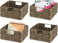 mDesign Woven Hyacinth Storage Bin Basket Organizer with Handles - Foldable Boho Square Bins for Shelves and Cubby Storage in Bedroom, Bathroom, Office, Kitchen, 4 Pack - Brown Wash