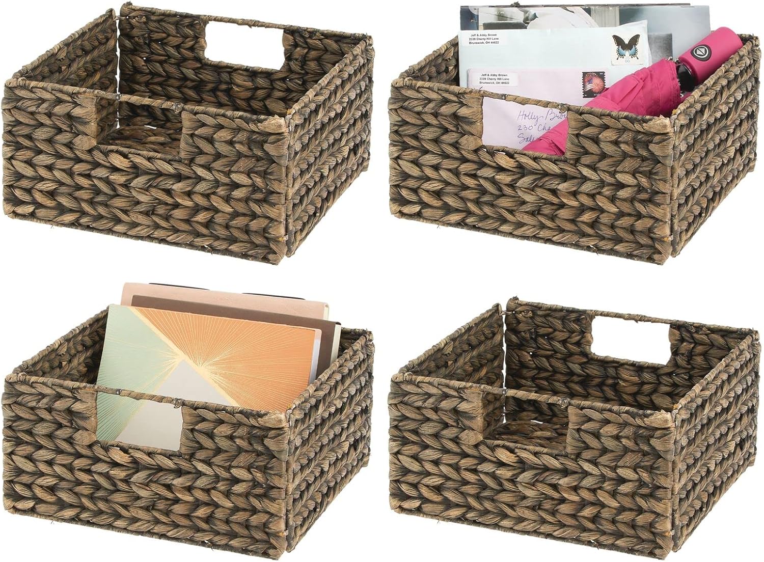 mDesign Woven Hyacinth Storage Bin Basket Organizer with Handles - Foldable Boho Square Bins for Shelves and Cubby Storage in Bedroom, Bathroom, Office, Kitchen, 4 Pack - Brown Wash