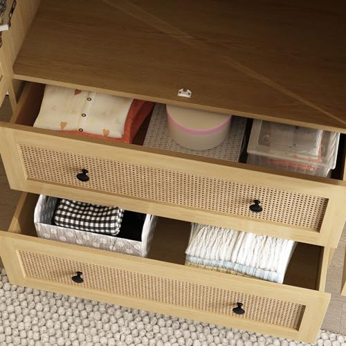 Rattan Door Wardrobe Closet with 2 Drawers and Shelves, Hanging Rod, Oak F827184