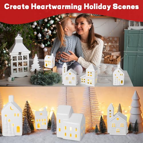 37 Pieces Porcelain Christmas Village Set with 6 Lighted Houses and Remote Control W932515