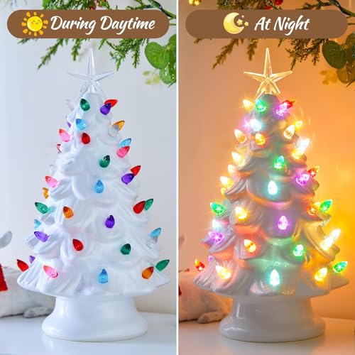 Ceramic Christmas Tree with Multicolored LED Lights, Battery Operated Tabletop Decor C5626