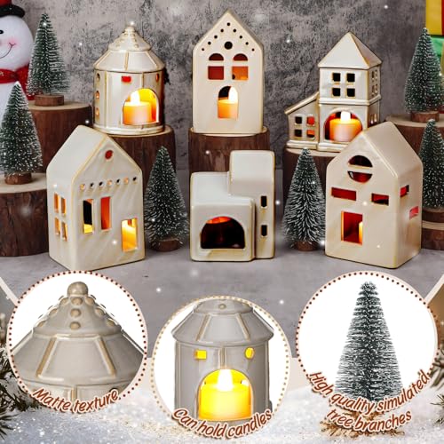 Ceramic Christmas Village Houses with LED Lights for Tabletop Mantle Decor D8566