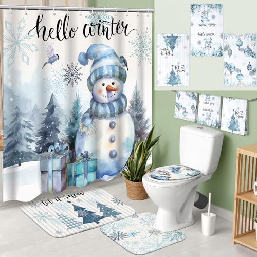 7 Pcs Christmas Shower Curtain Set with U Shape Rugs, Toilet Cover and 3 Towels W9950