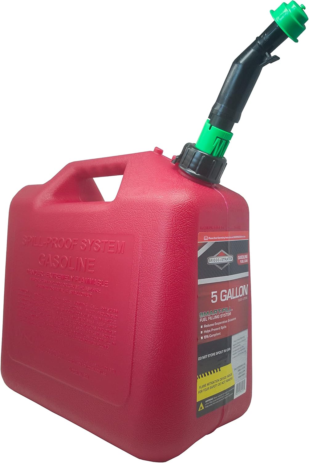 Briggs & Stratton Five Gallon Gas Can, EPA Approved, Smart Fill Spout, and Fire Mitigation (FMD) Compliant,Red