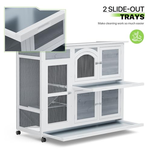 Rabbit Hutch Outdoor 2 Story Bunny Cage with Wheels and Removable Trays F1676