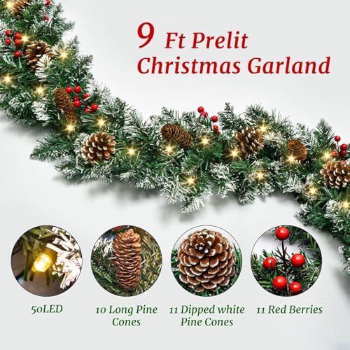 Christmas garland with lights, 9ft pre-lit for stairs and mantle I297