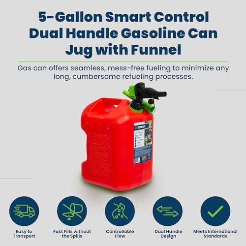 SmartControl Plastic Dual Handle 5 Gal Gasoline Can Container with Controllable Flow Nozzle and Capless Funnel, Red L742