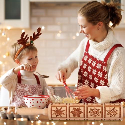 17" Wooden Rolling Pin for Baking with Christmas Embossed Designs, 3mm Deep Cookie Molds, Includes Cleaning Brush L8431